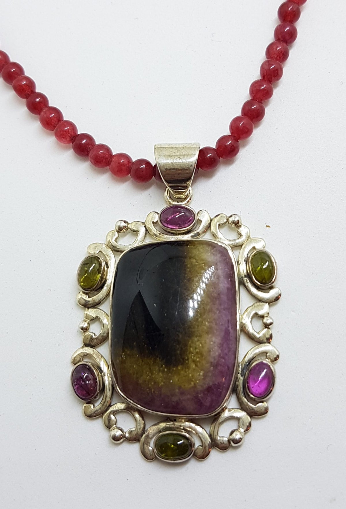 Sterling Silver Large Ornate Multi-Colour Tourmaline Pendant on Gemstone Bead Chain - Pink, Green and Watermelon Tourmaline