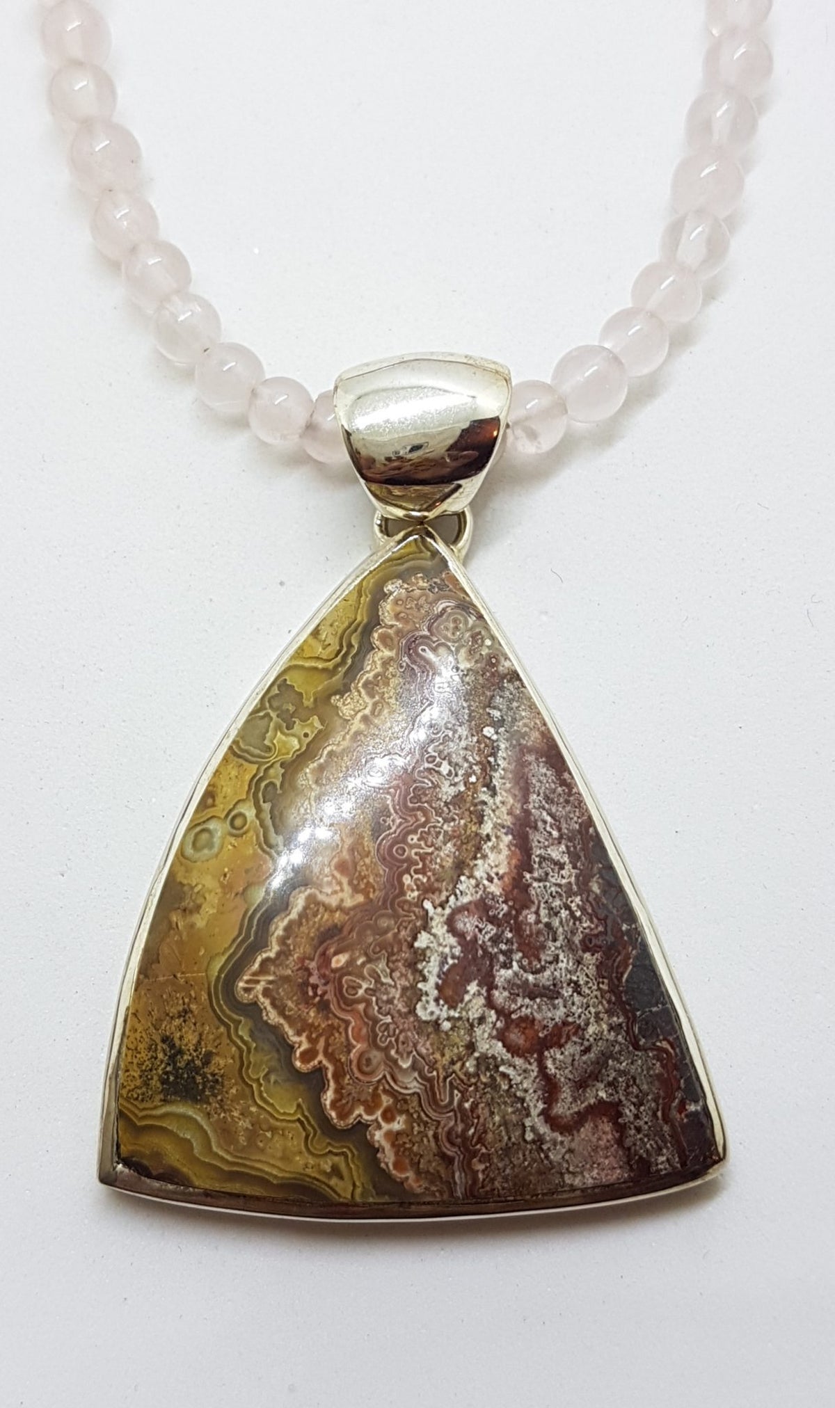 Sterling Silver Large Triangular Pendant on Rose Quartz Bead Chain