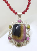 Sterling Silver Large Ornate Multi-Colour Tourmaline Pendant on Gemstone Bead Chain - Pink, Green and Watermelon Tourmaline
