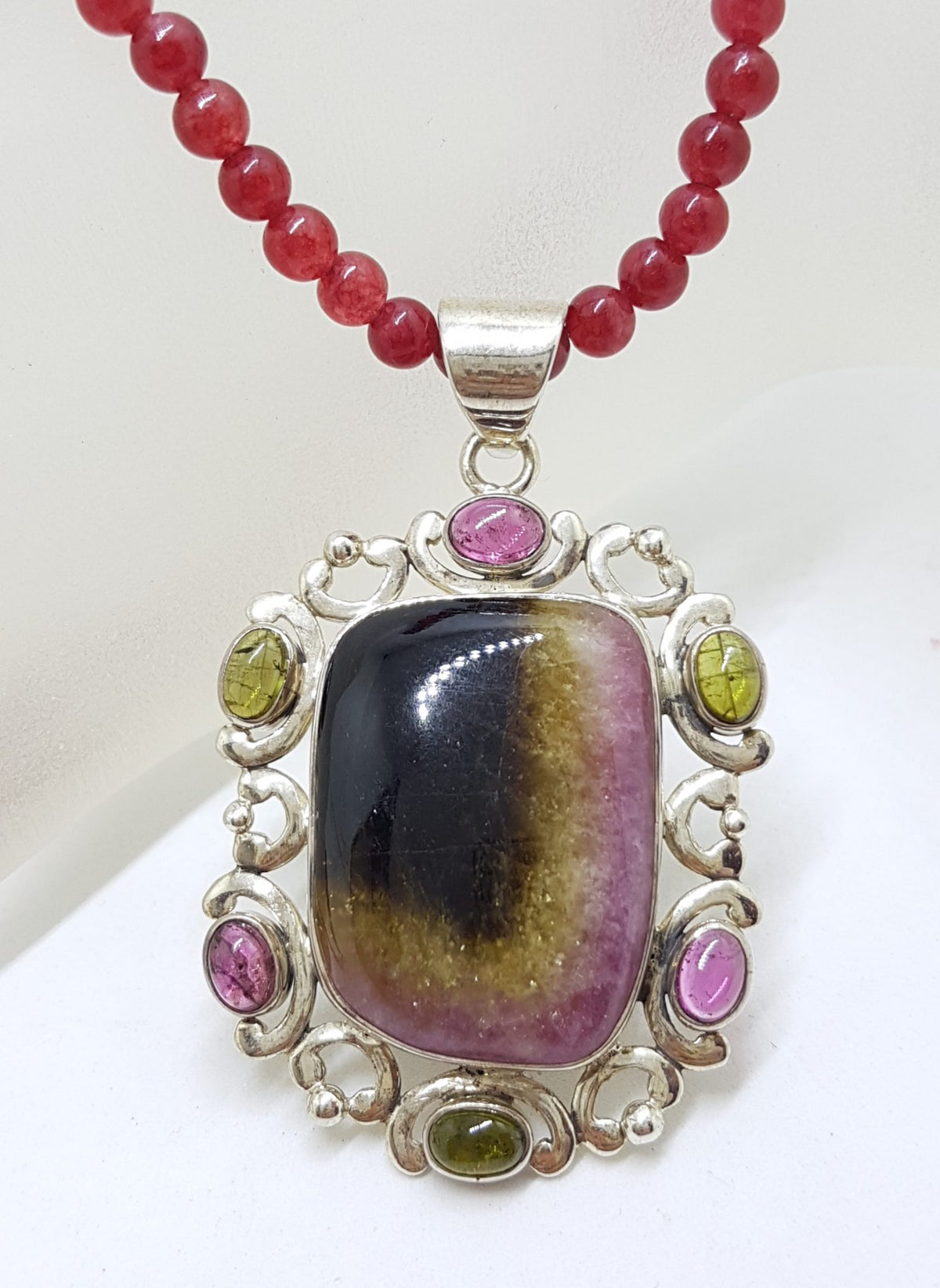 Sterling Silver Large Ornate Multi-Colour Tourmaline Pendant on Gemstone Bead Chain - Pink, Green and Watermelon Tourmaline