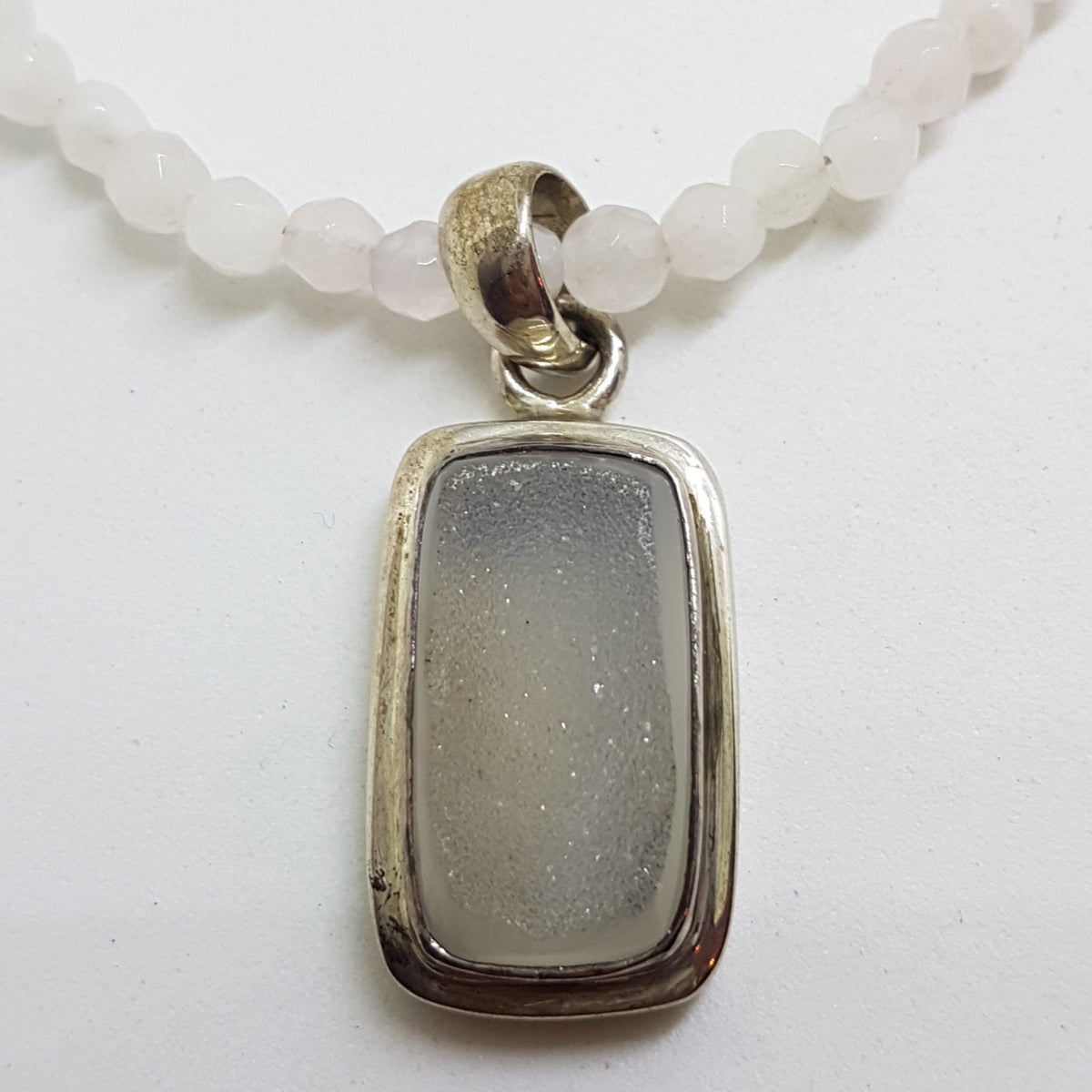 Sterling Silver Rectangular Druzy Pendant on Gemstone Bead Chain