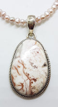 Sterling Silver Oval Pink and White Rosetta Crazy Lace Pendant on Pink Pearl Necklace