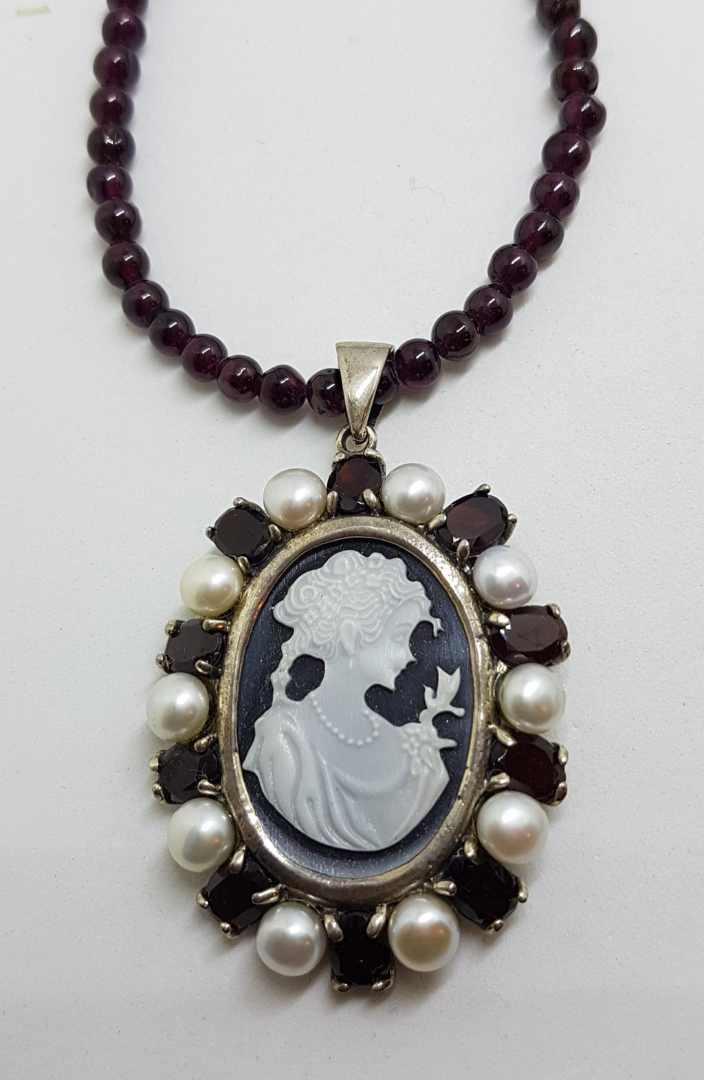 Sterling Silver Oval Lady Cameo with Pearl and Garnet Pendant on Garnet Bead Necklace