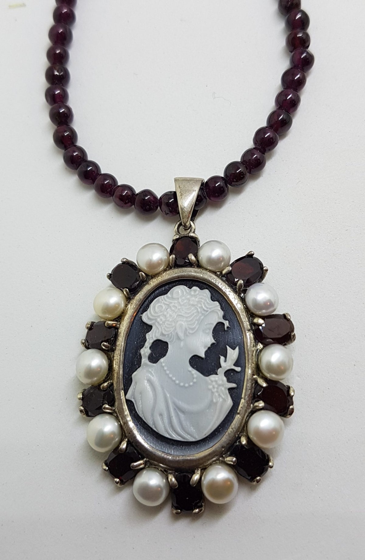 Sterling Silver Oval Lady Cameo with Pearl and Garnet Pendant on Garnet Bead Necklace