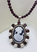 Sterling Silver Oval Lady Cameo with Pearl and Garnet Pendant on Garnet Bead Necklace