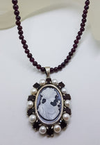 Sterling Silver Oval Lady Cameo with Pearl and Garnet Pendant on Garnet Bead Necklace