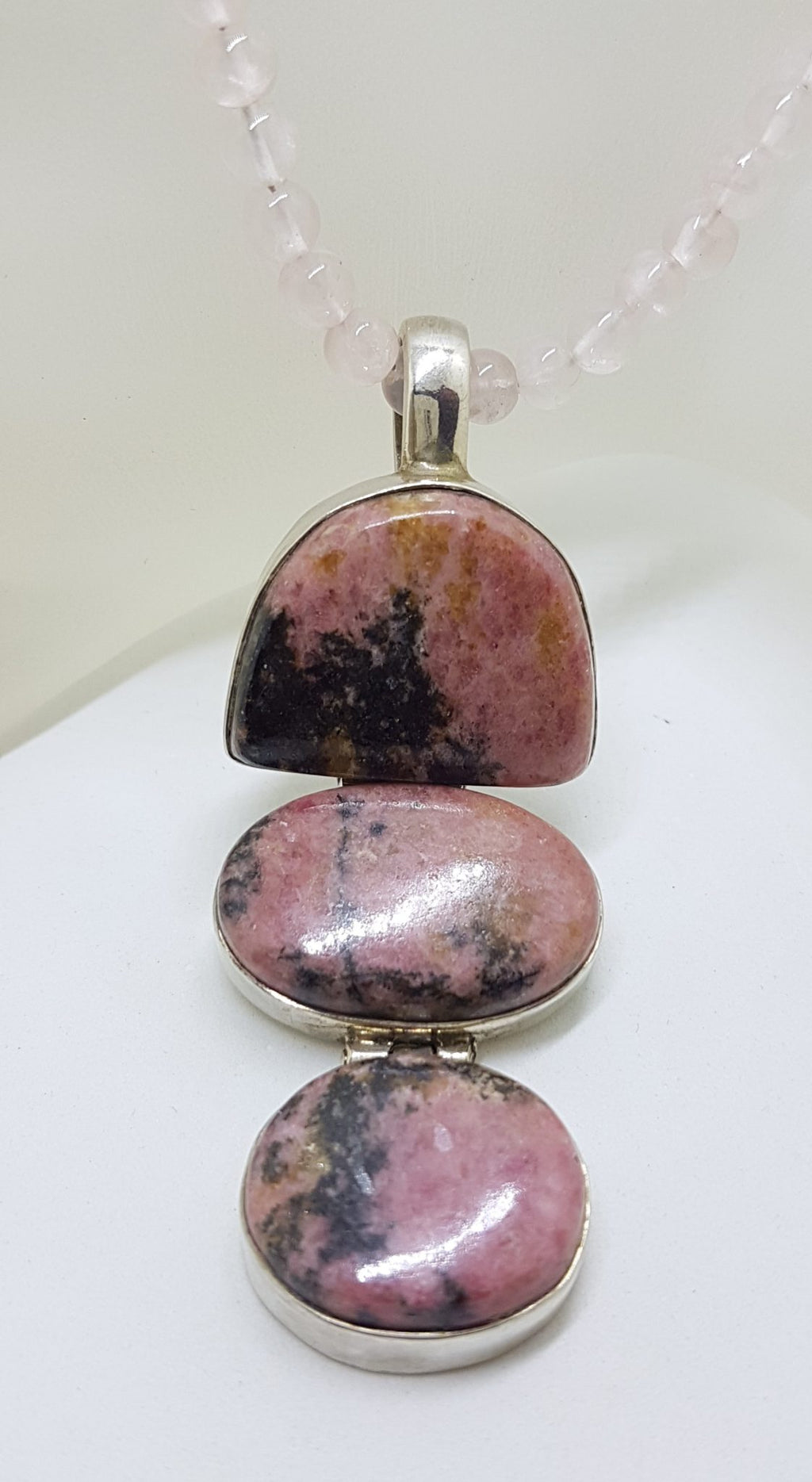 Sterling Silver Large Rhodonite Long Drop Pendant on Rose Quartz Bead Chain / Necklace