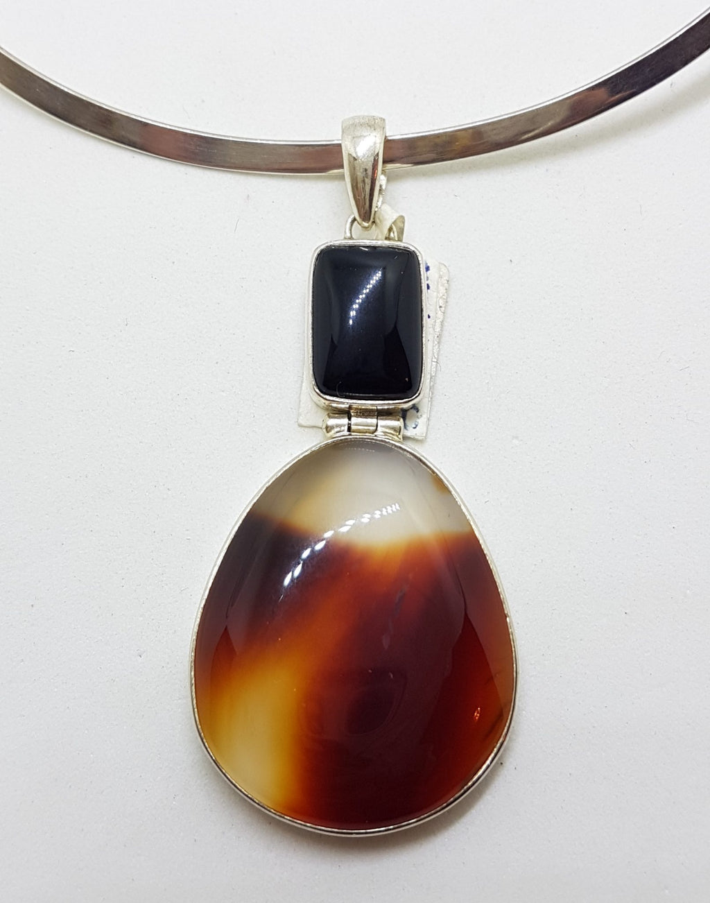 Sterling Silver Agate and Onyx Pendant on Silver Choker Chain / Necklace