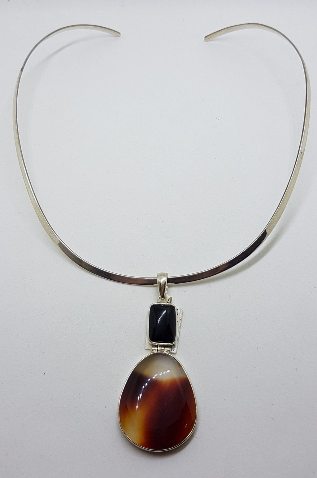 Sterling Silver Agate and Onyx Pendant on Silver Choker Chain / Necklace
