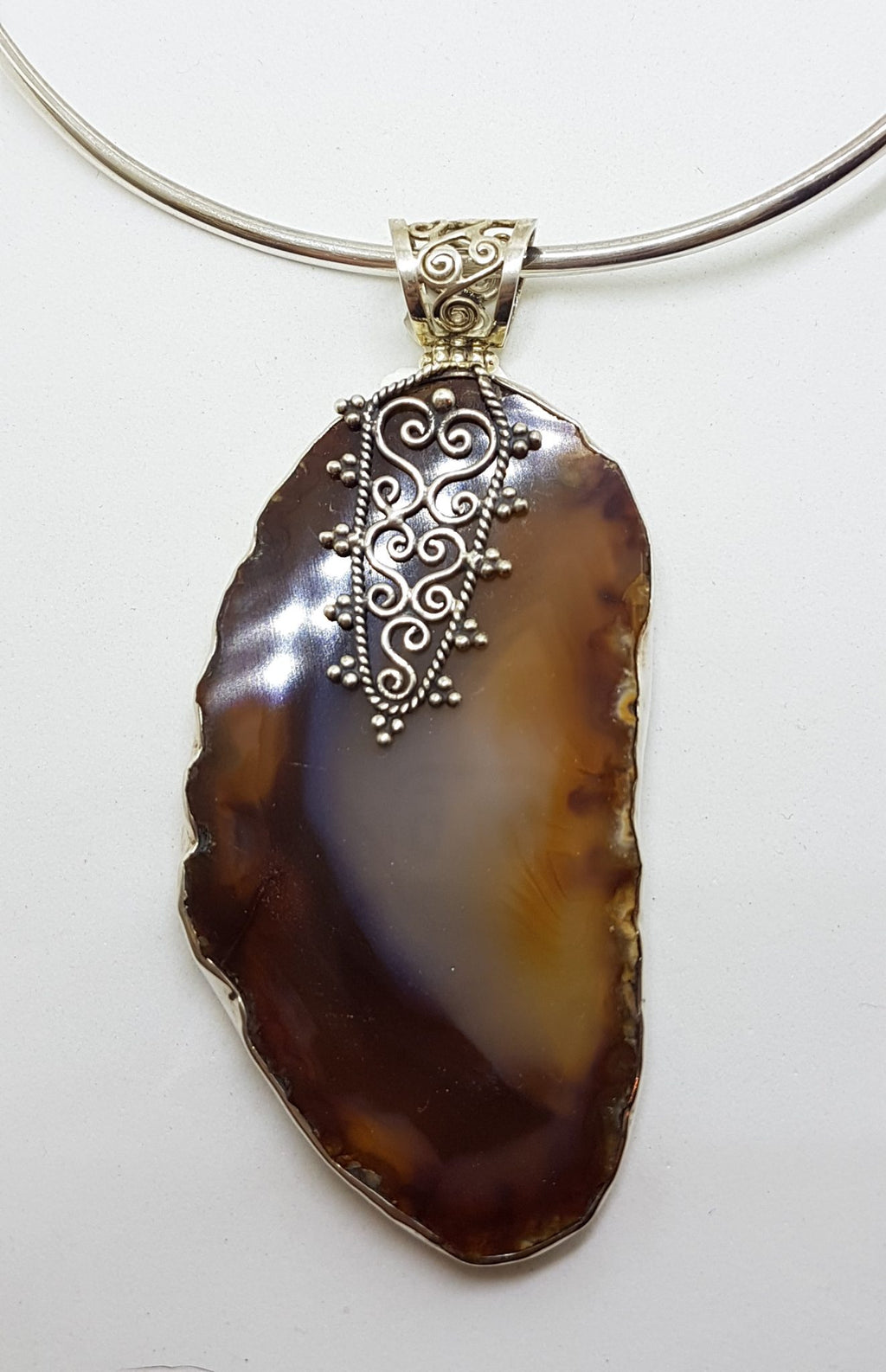 Sterling Silver Very Large Agate with Ornate Filigree Top Pendant on Silver Choker Chain / Necklace
