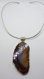 Sterling Silver Very Large Agate with Ornate Filigree Top Pendant on Silver Choker Chain / Necklace