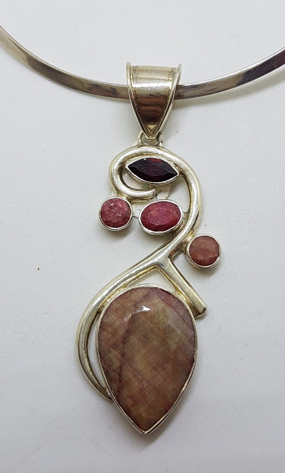 Sterling Silver Large Ruby &amp; Garnet Cluster Pendant on Sterling Silver Choker Necklace