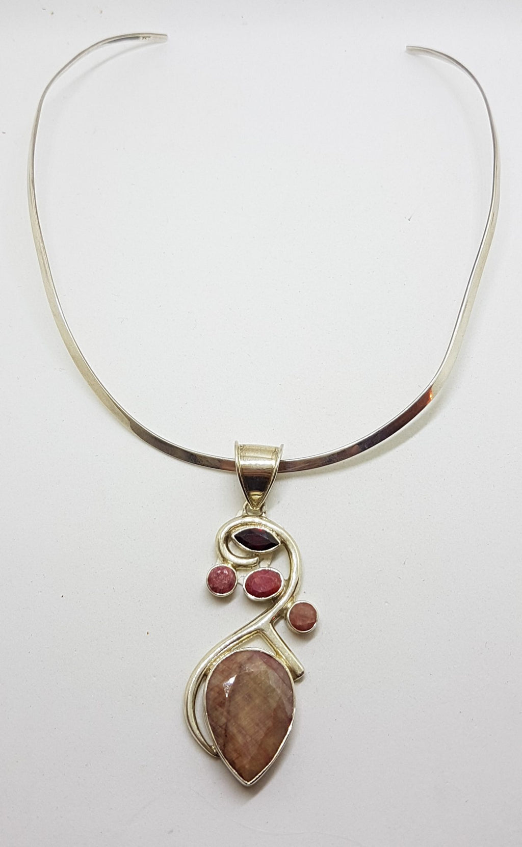 Sterling Silver Large Ruby &amp; Garnet Cluster Pendant on Sterling Silver Choker Necklace