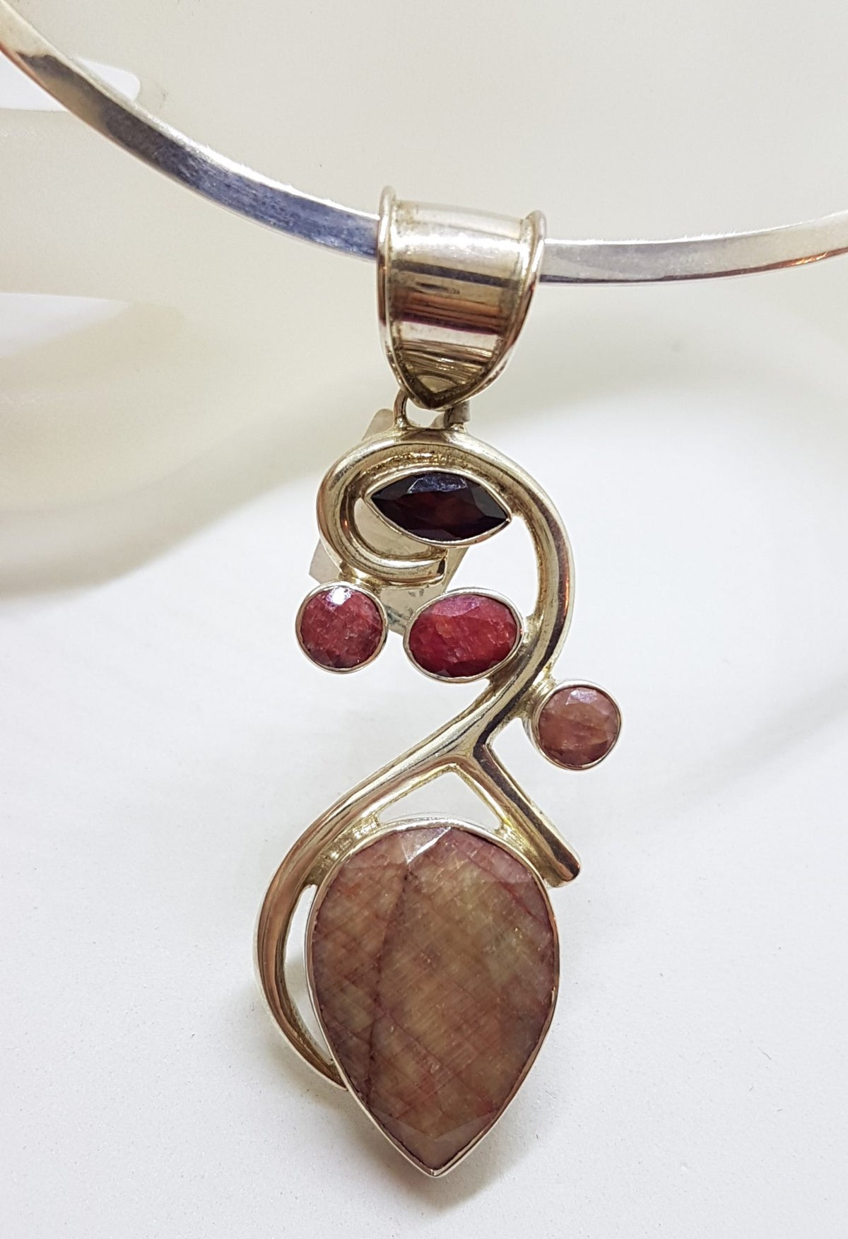 Sterling Silver Large Ruby &amp; Garnet Cluster Pendant on Sterling Silver Choker Necklace