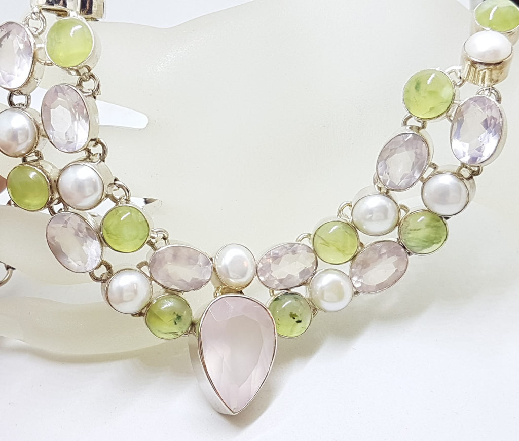 Sterling Silver Large Cluster Rose Quartz, Prehnite and Pearl Collier Necklace / Chain
