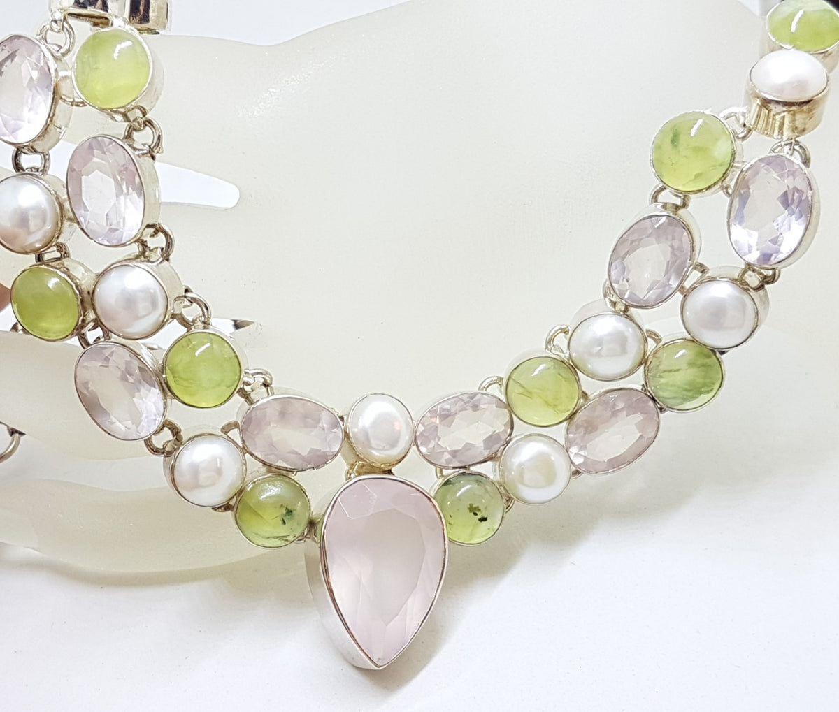 Sterling Silver Large Cluster Rose Quartz, Prehnite and Pearl Collier Necklace / Chain
