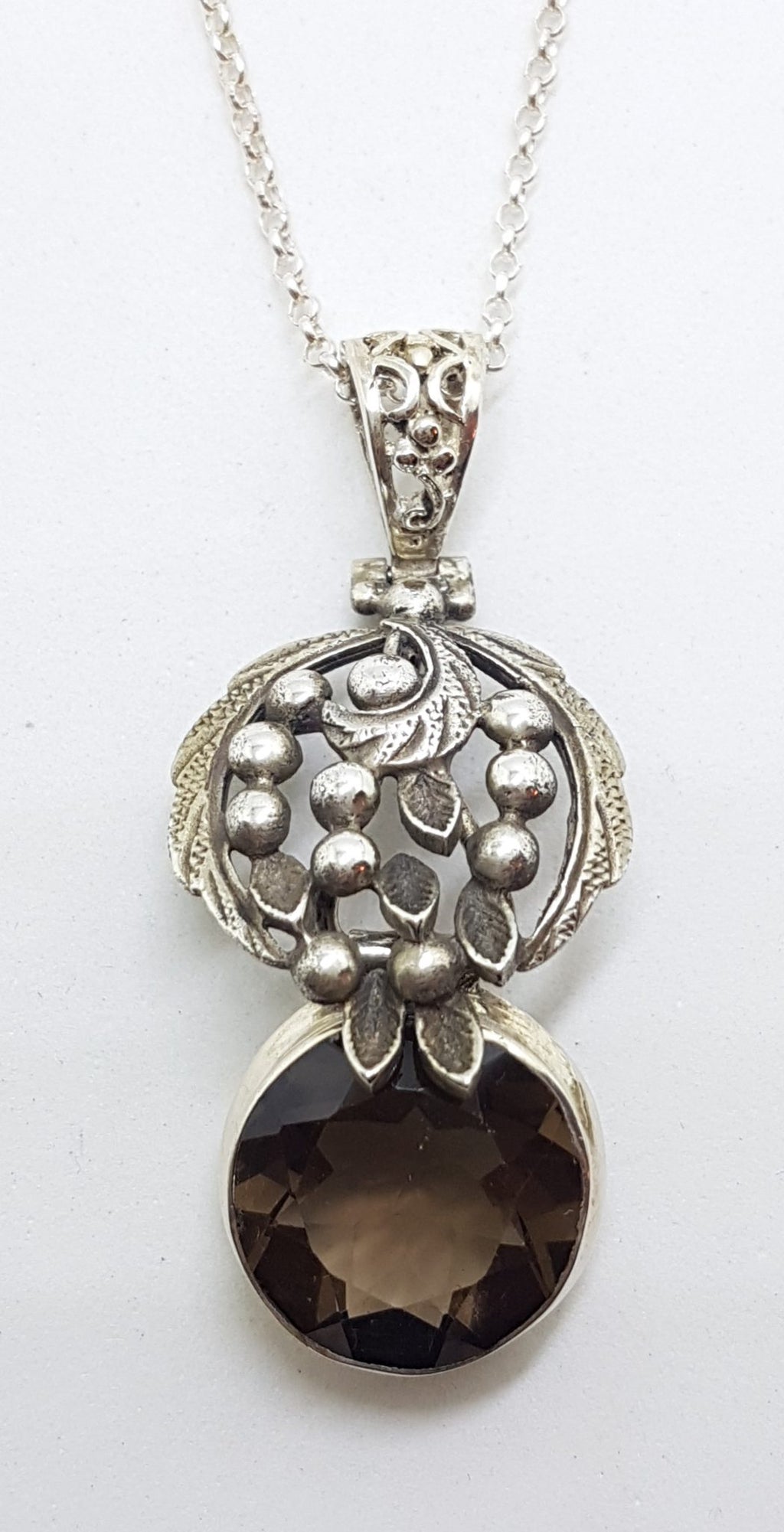 Sterling Silver Round Smokey Quartz in Ornate Leaf Wattle Design Pendant on Silver Chain