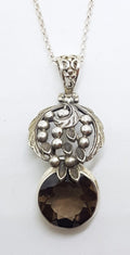 Sterling Silver Round Smokey Quartz in Ornate Leaf Wattle Design Pendant on Silver Chain