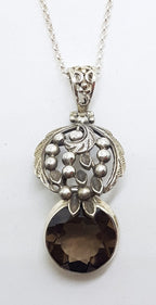 Sterling Silver Round Smokey Quartz in Ornate Leaf Wattle Design Pendant on Silver Chain