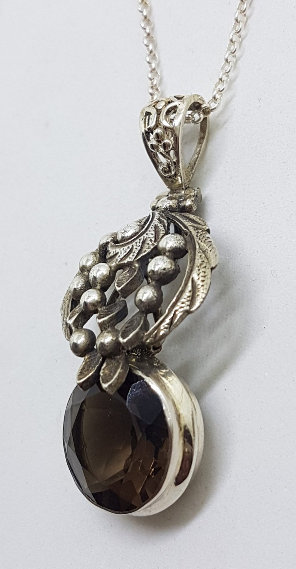 Sterling Silver Round Smokey Quartz in Ornate Leaf Wattle Design Pendant on Silver Chain