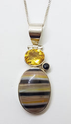 Sterling Silver Bumble Bee Quartz, Citrine and Onyx Pendant on Chain