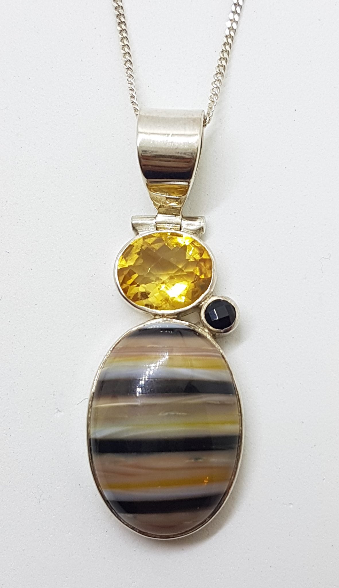 Sterling Silver Bumble Bee Quartz, Citrine and Onyx Pendant on Chain