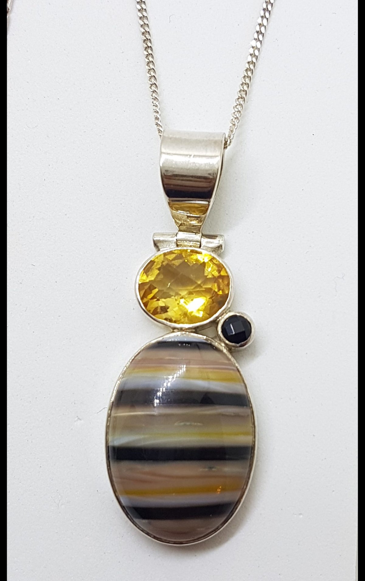 Sterling Silver Bumble Bee Quartz, Citrine and Onyx Pendant on Chain