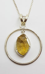 Sterling Silver Rough Citrine in Large Round Circle Pendant on Silver Chain