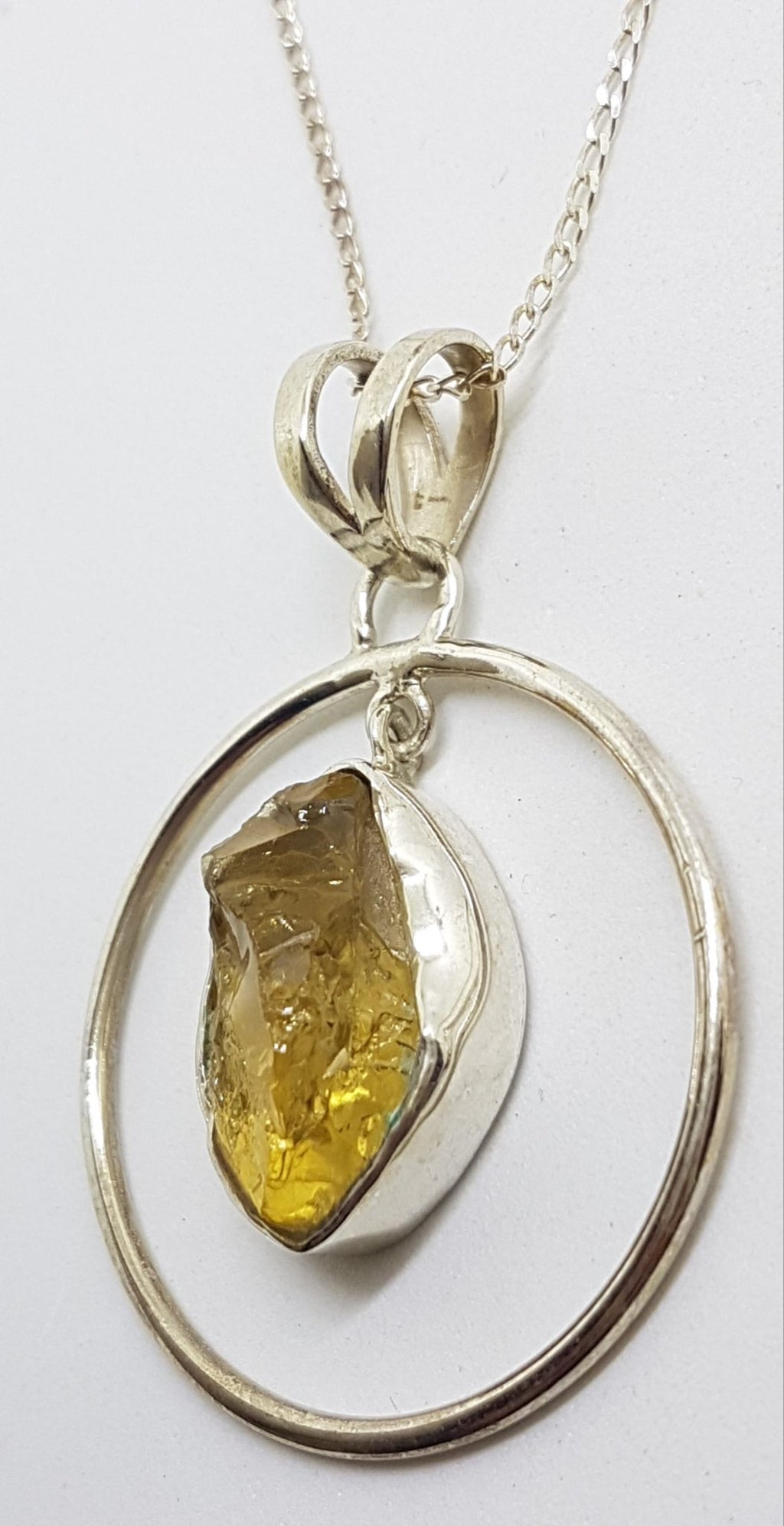 Sterling Silver Rough Citrine in Large Round Circle Pendant on Silver Chain