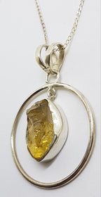 Sterling Silver Rough Citrine in Large Round Circle Pendant on Silver Chain