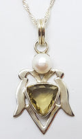 Sterling Silver Citrine and Pearl Ornate Pendant on Silver Chain