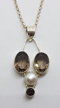 Sterling Silver Smokey Quartz and Pearl Pendant on Silver Chain