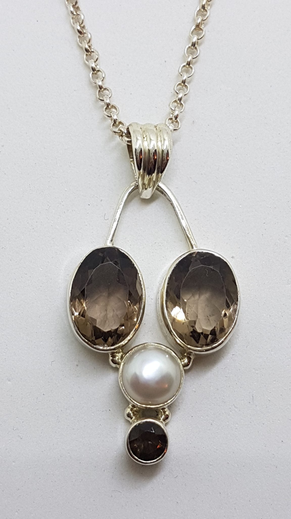 Sterling Silver Smokey Quartz and Pearl Pendant on Silver Chain