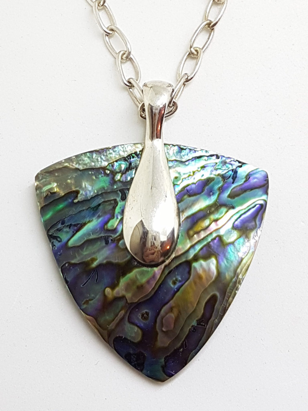Sterling Silver Large Triangular Paua Shell Pendant on Silver Chain