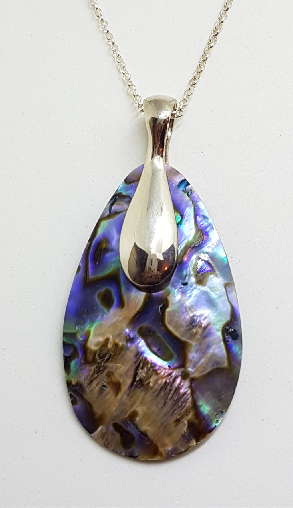 Sterling Silver Long Paua Shell Teardrop Shape Pendant on Silver Chain
