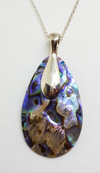 Sterling Silver Long Paua Shell Teardrop Shape Pendant on Silver Chain