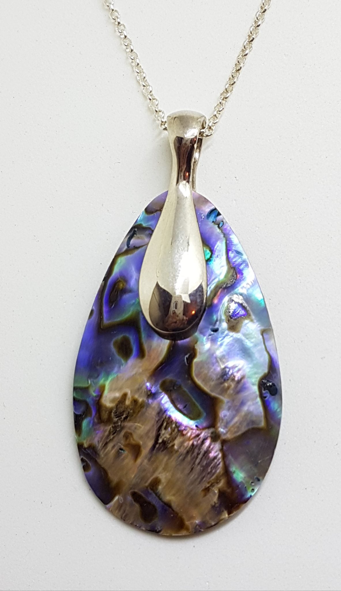 Sterling Silver Long Paua Shell Teardrop Shape Pendant on Silver Chain