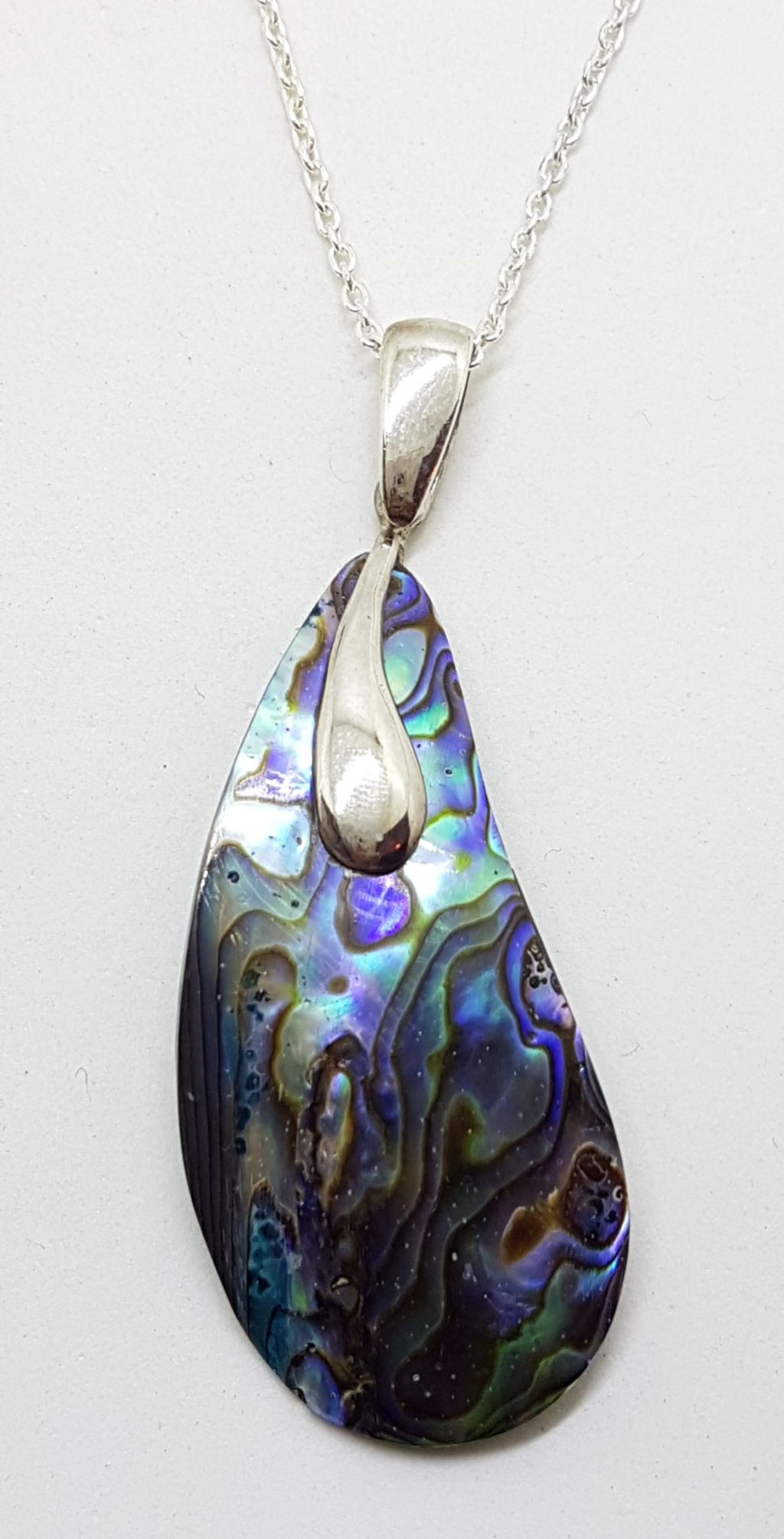 Sterling Silver Long Paua Shell Curved Teardrop Shape Pendant on Silver Chain