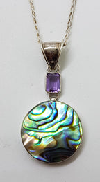 Sterling Silver Round Paua Shell with Amethyst Pendant on Silver Chain