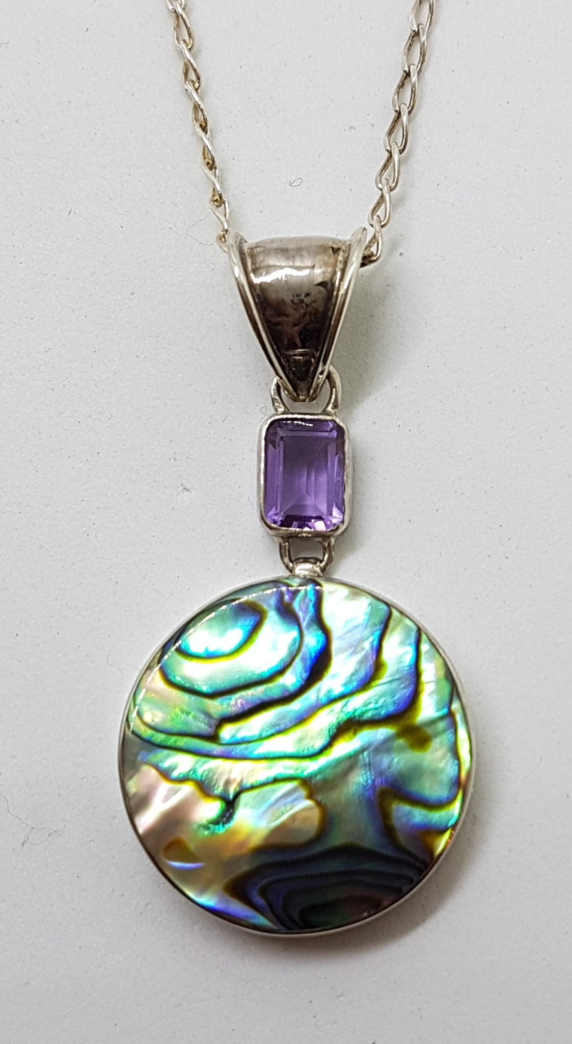 Sterling Silver Round Paua Shell with Amethyst Pendant on Silver Chain