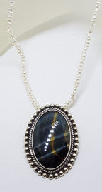 Sterling Silver Large Oval Blue Tiger Eye Pendant on Pearl Chain / Necklace