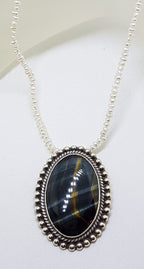 Sterling Silver Large Oval Blue Tiger Eye Pendant on Pearl Chain / Necklace