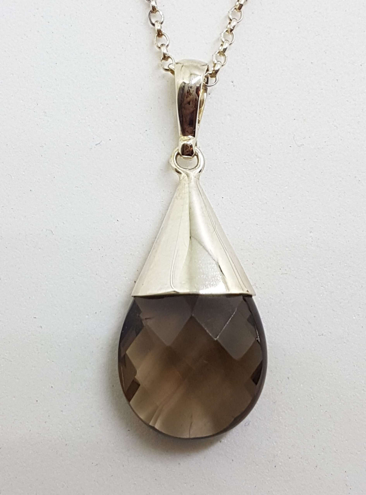 Sterling Silver Teardrop Smokey Quartz in Cone Drop Pendant on Silver Chain