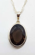 Sterling Silver Oval Bezel Set Smokey Quartz Pendant on Silver Chain - with Rim