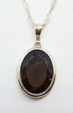 Sterling Silver Oval Bezel Set Smokey Quartz Pendant on Silver Chain - with Rim