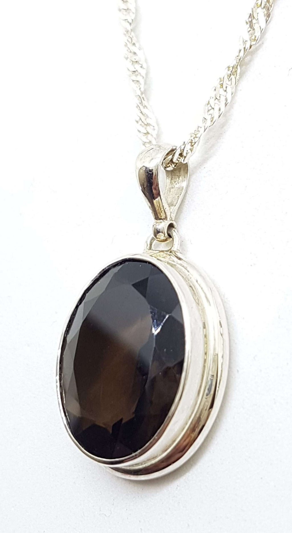 Sterling Silver Oval Bezel Set Smokey Quartz Pendant on Silver Chain - with Rim