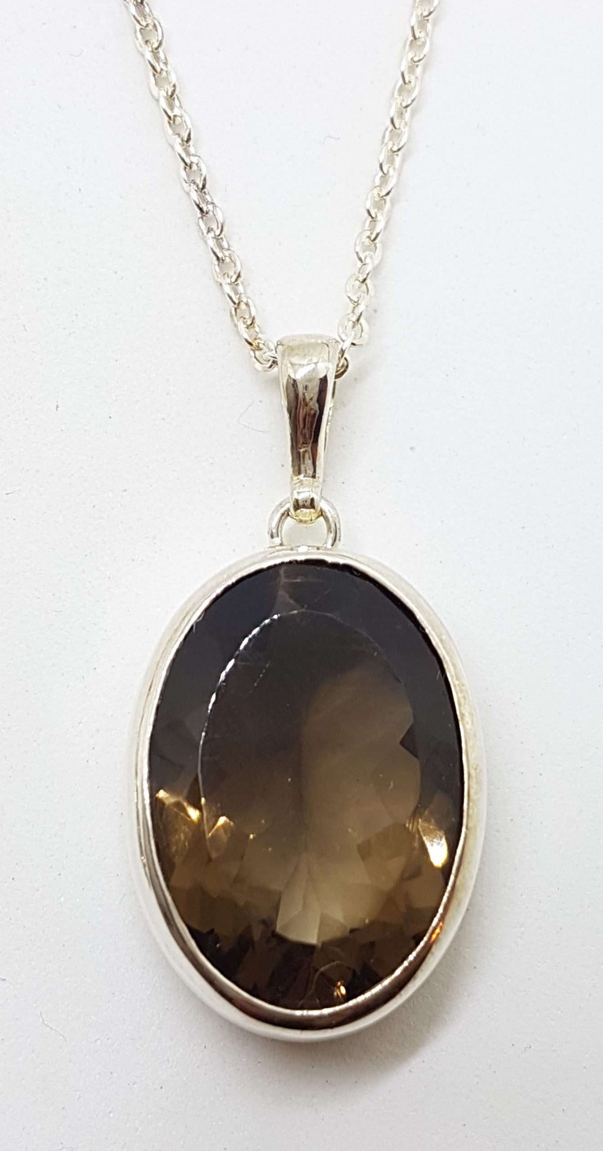 Sterling Silver Oval Bezel Set Smokey Quartz Pendant on Silver Chain