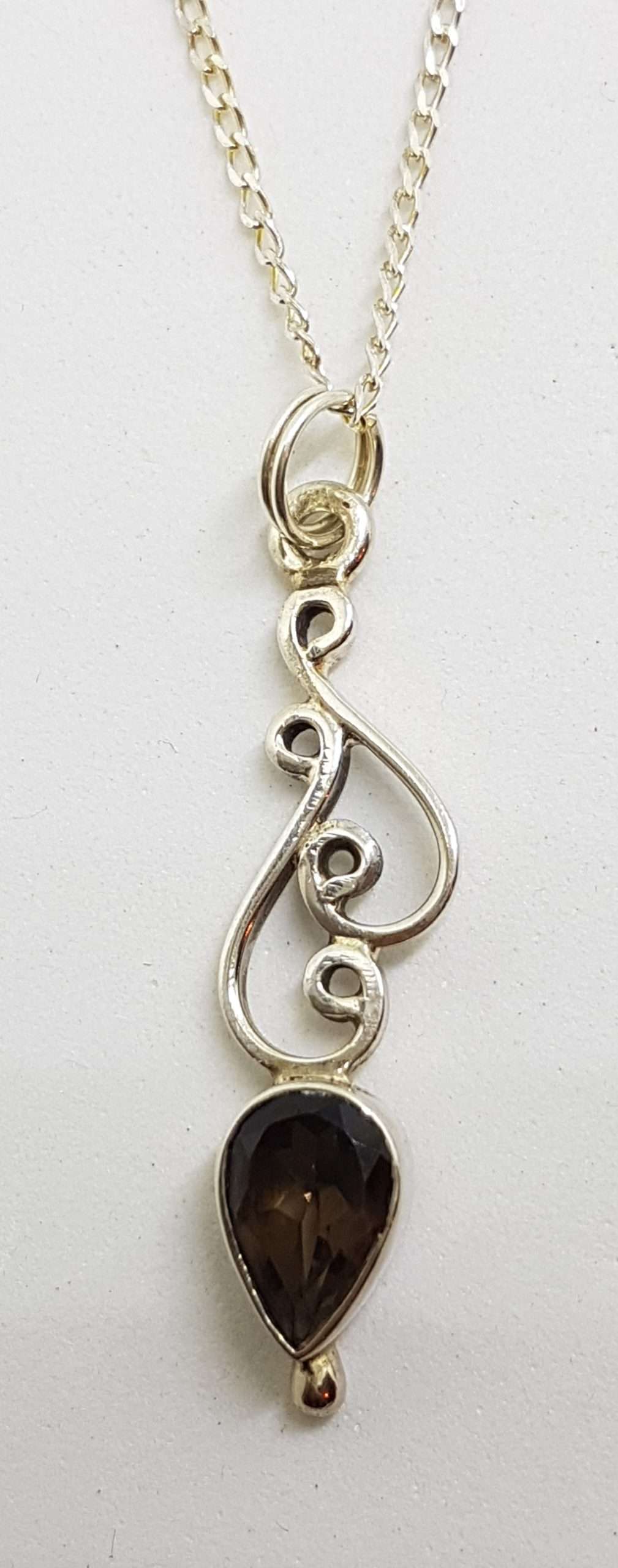 Sterling Silver Smokey Quartz Ornate Swirl Pendant on Silver Chain