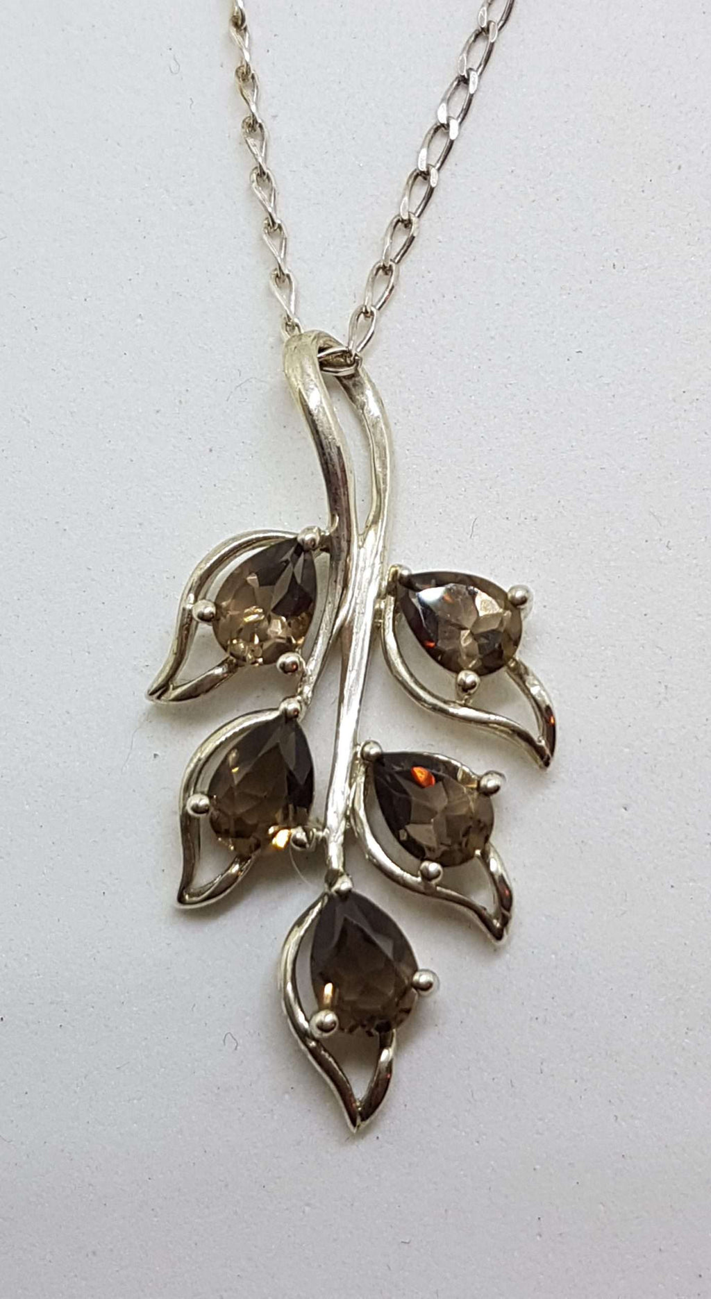 Sterling Silver Smokey Quartz Leaf Design Pendant on Silver Chain