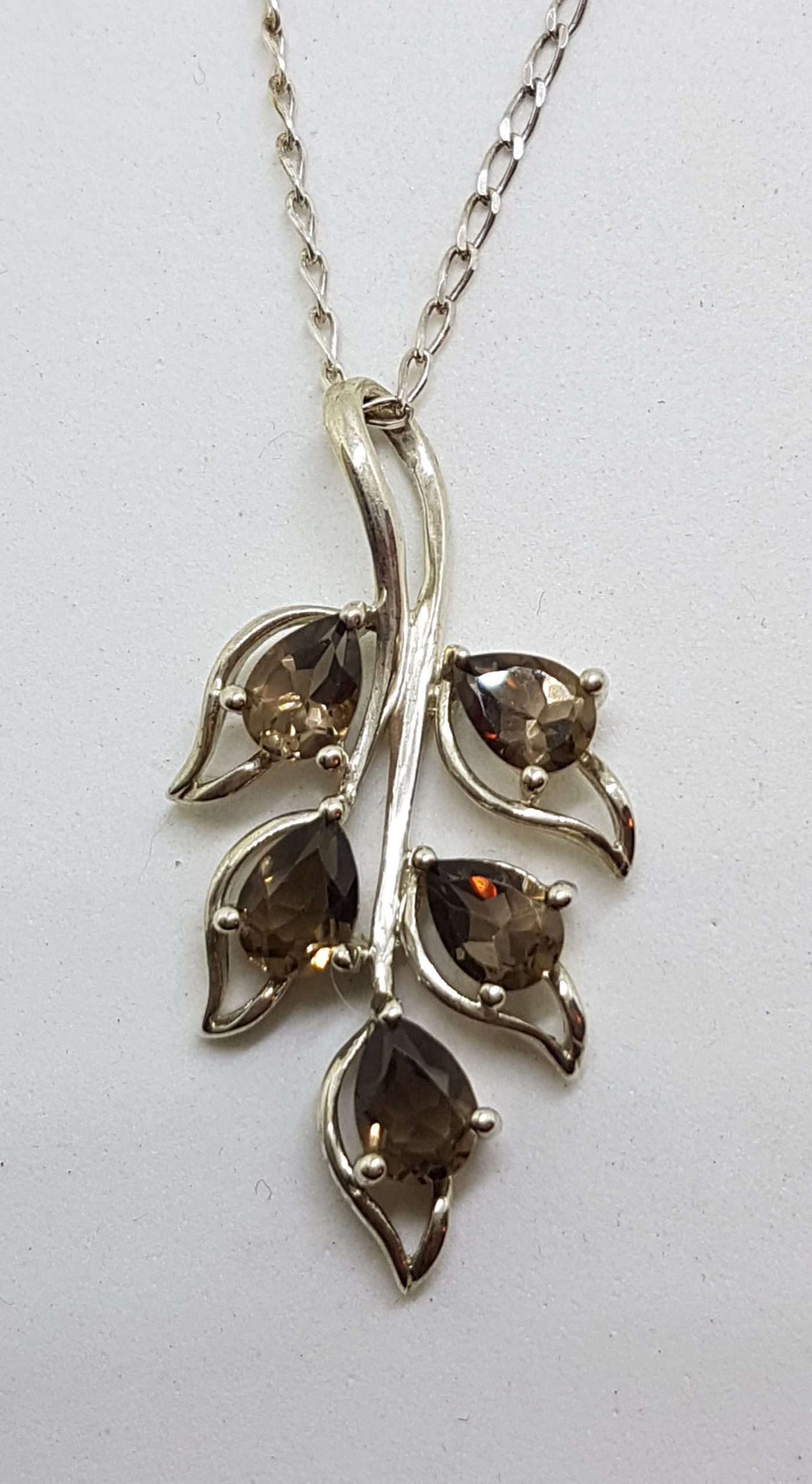 Sterling Silver Smokey Quartz Leaf Design Pendant on Silver Chain